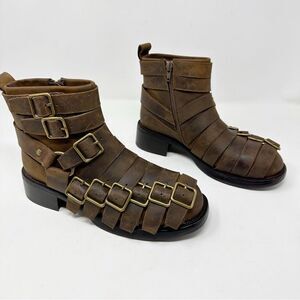 Jeffery Campbell Brown Distressed Belted Up Buckle Booties Size 7